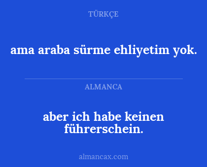 aber ich habe keinen führerschein. - ama araba sürme ehliyetim yok.