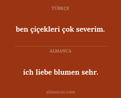 ich liebe blumen sehr. - ben çiçekleri çok severim.