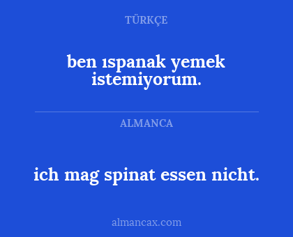 ben ıspanak yemek istemiyorum. - ich mag spinat essen nicht.