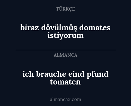 ich brauche eind pfund tomaten - biraz dövülmüş domates istiyorum