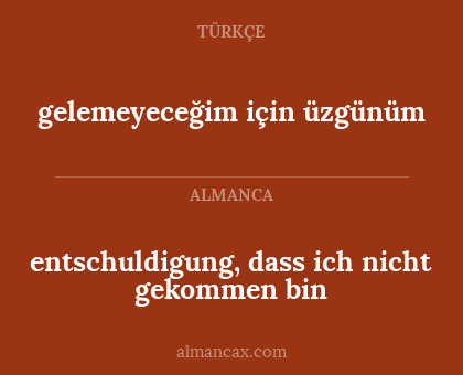 entschuldigung, dass ich nicht gekommen bin - gelemeyeceğim için üzgünüm