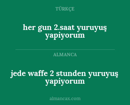 jede waffe 2 stunden yuruyuş yapiyorum - her gun 2.saat yuruyuş yapiyorum