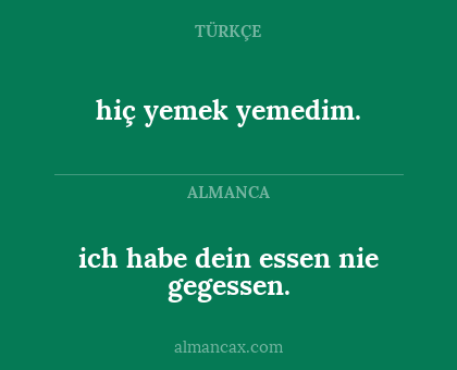hiç yemek yemedim. - ich habe dein essen nie gegessen.