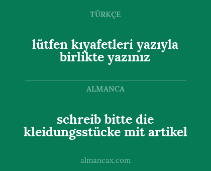 schreib bitte die kleidungsstücke mit artikel - lütfen kıyafetleri yazıyla birlikte yazınız