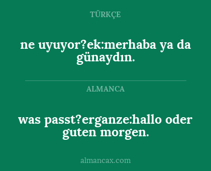 was passt?erganze:hallo oder guten morgen. - ne uyuyor?ek:merhaba ya da günaydın.