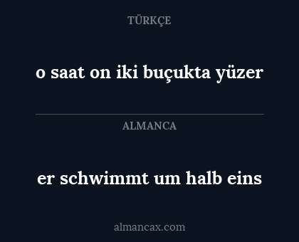 er schwimmt um halb eins - o saat on iki buçukta yüzer
