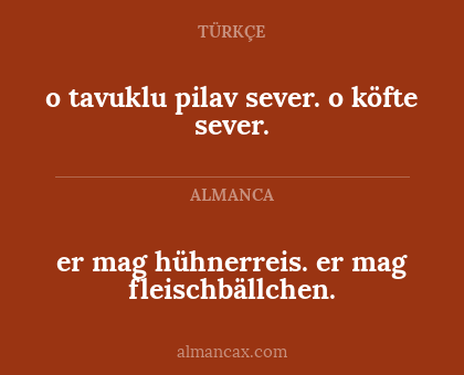 o tavuklu pilav sever.
o köfte sever. - er mag hühnerreis. er mag fleischbällchen.