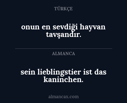onun en sevdiği hayvan tavşandır. - sein lieblingstier ist das kaninchen.