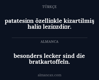 patatesi̇n özelli̇kle kizartilmiş hali̇ lezi̇zdi̇r. - besonders lecker sind die bratkartoffeln.