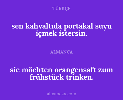 sen kahvaltıda portakal suyu içmek istersin. - sie möchten orangensaft zum frühstück trinken.