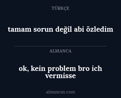 ok, kein problem bro ich vermisse - tamam sorun değil abi özledim