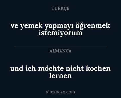ve yemek yapmayı öğrenmek istemiyorum - und ich möchte nicht kochen lernen