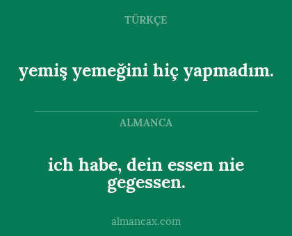 yemiş yemeğini hiç yapmadım. - ich habe, dein essen nie gegessen.