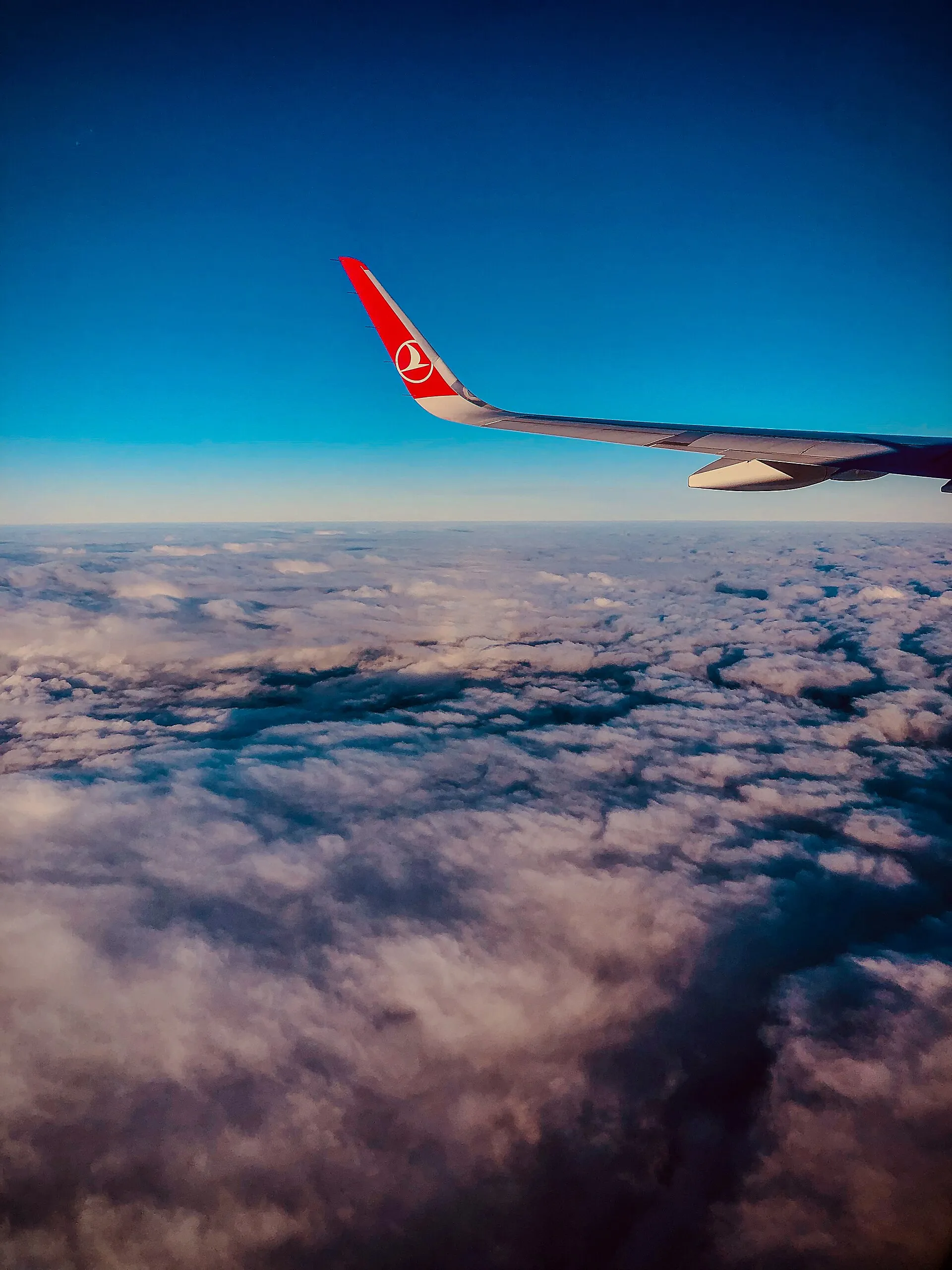 Turkish Airlines uçağının bulutların üzerinde uçarken kırmızı-beyaz logolu kanat ucu görünümü