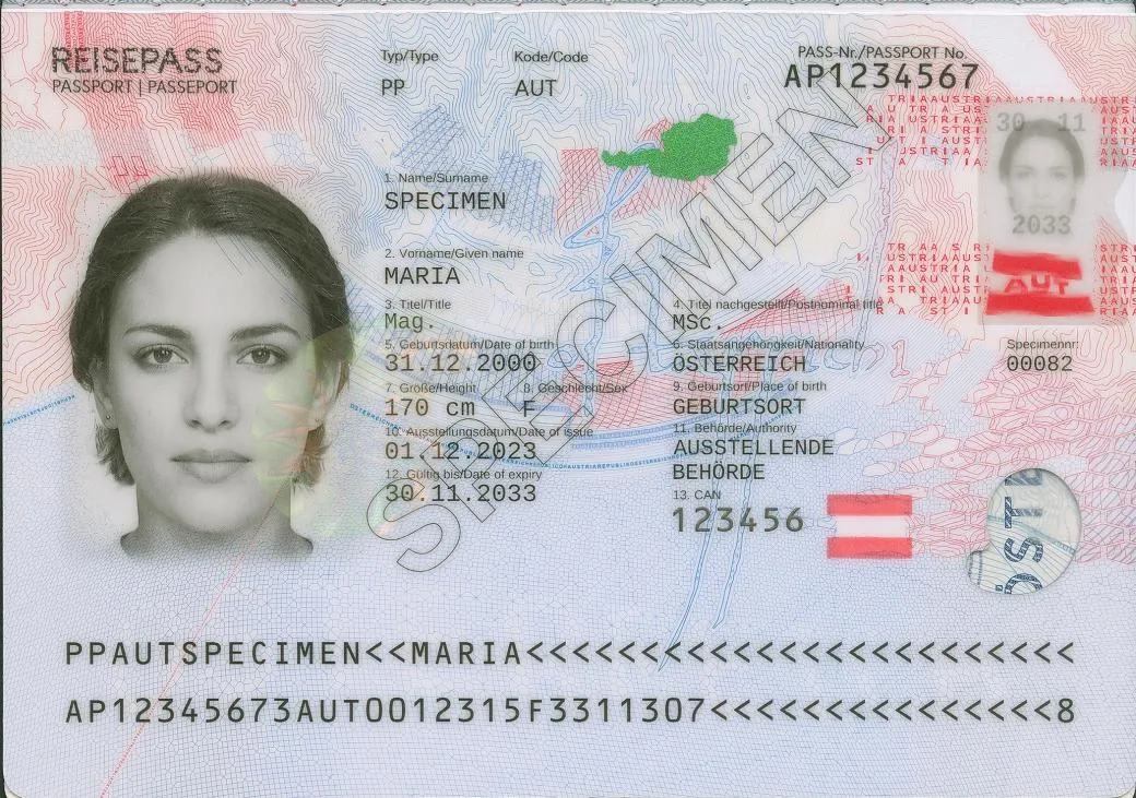 Avusturya pasaportunun kimlik bilgi sayfası — ÖSD sertifikası oturum izni ve vatandaşlık başvurularında kullanılır